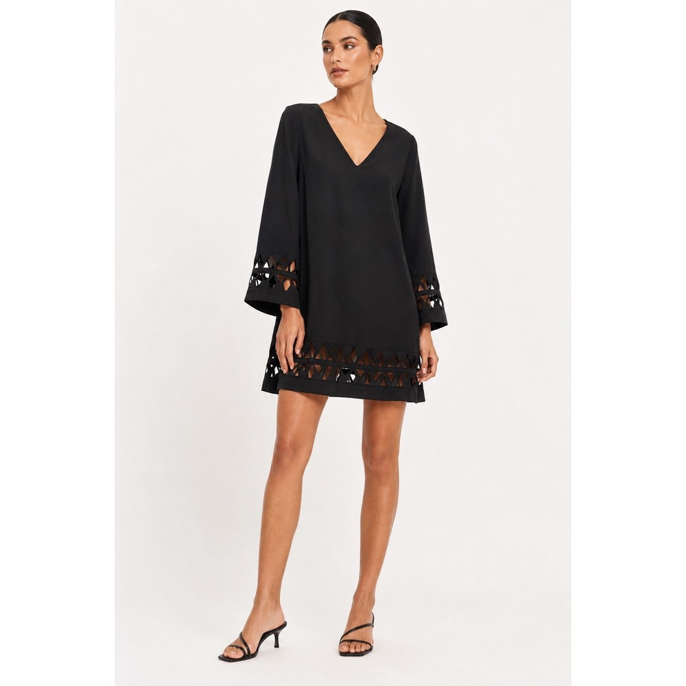 ASTR Black Embroidered Cutout Shift Mini Dress V Neck 3/4 Sleeve Size Small LBD